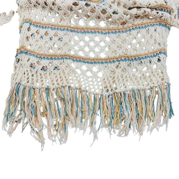 Boho Hippie Cotton Crochet Open Knit Fringe Long Hooded Duster Women's Size M/L - Picture 4 of 8